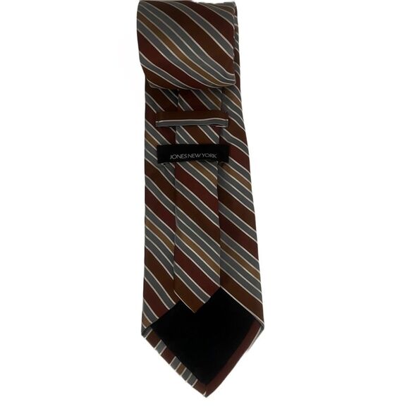 Jones New York 100% Silk Men’s Tie Brown Gray Striped Designer Neutral Necktie - Picture 5 of 8